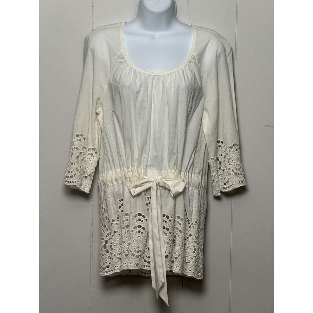 Floreat Anthropologie White Eyelet Lace Tunic Top Empire Waist 3/4 Sleeve Size 6